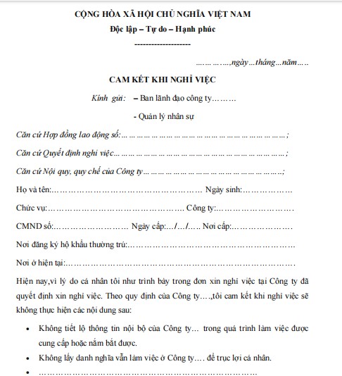 Mẫu cam kết khi nghỉ việc