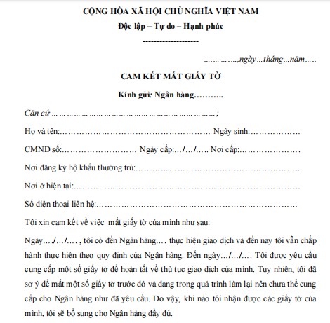 Mẫu cam kết mất giấy tờ