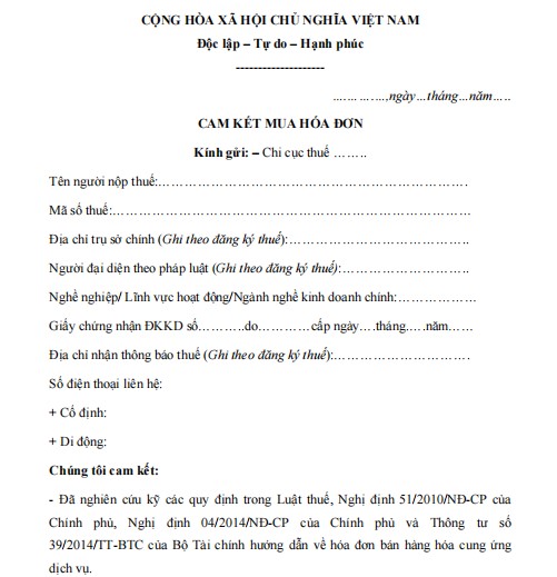 Mẫu cam kết mua hóa đơn
