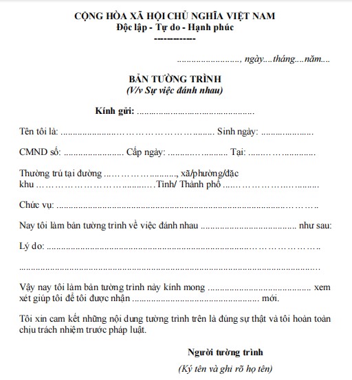 Mẫu bản tường trình sự việc đánh nhau