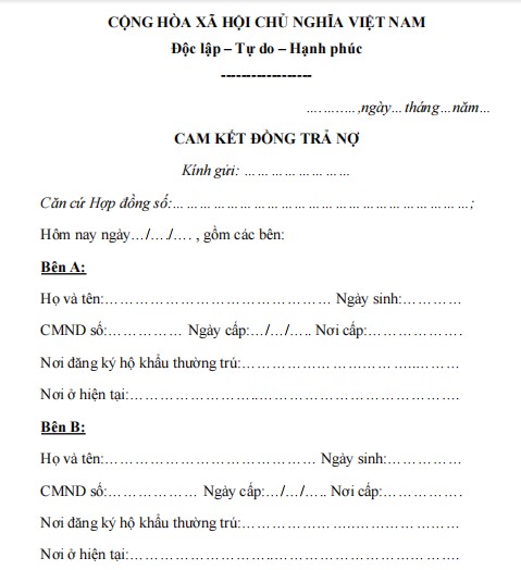 Mẫu cam kết đồng trả nợ