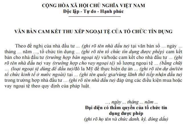 Mẫu văn bản cam kết thu xếp ngoại tệ của tổ chức tín dụng