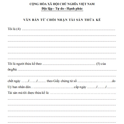 Mẫu cam kết từ chối tài sản