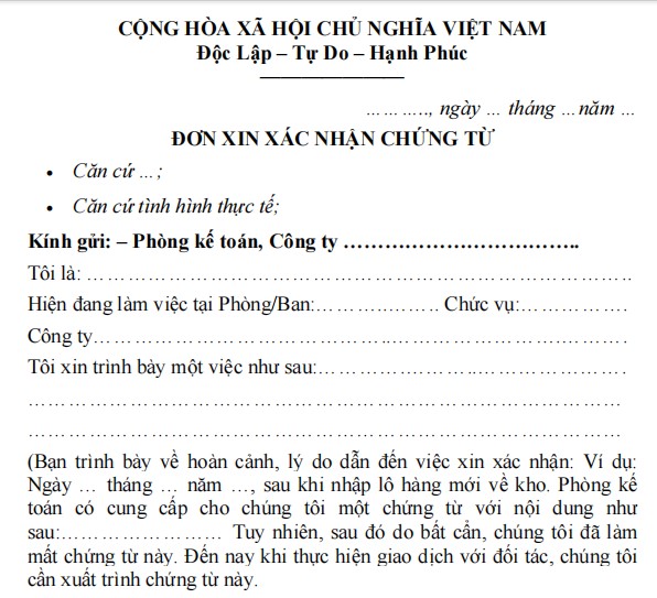 Mẫu đơn xin xác nhận chứng từ