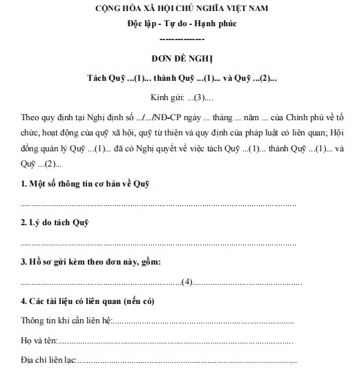  Đơn đề nghị tách quỹ từ thiện 