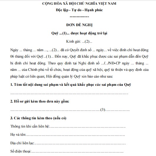 Đơn đề nghị quỹ từ thiện được hoạt động trở lại 