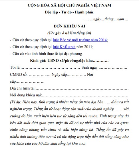 Mẫu đơn khiếu nại gây tiếng ồn, ô nhiễm tiếng ồn
