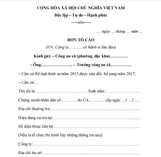 Mẫu đơn tố cáo công ty lừa đảo