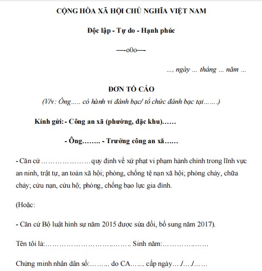 Mẫu đơn tố cáo việc đánh bạc, tổ chức đánh bạc 2022