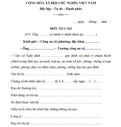 Mẫu đơn tố cáo đánh nhau