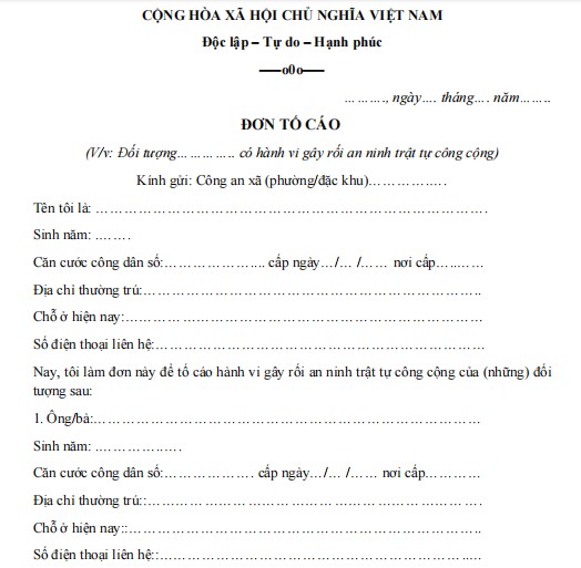 Mẫu đơn tố cáo gây rối trật tự