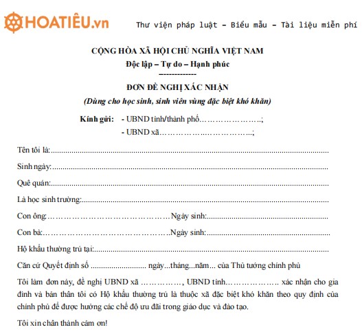 Mẫu đơn xin xác nhận cư trú tại xã đặc biệt khó khăn