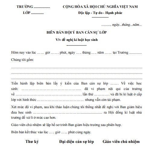 Mẫu biên bản hội ý ban cán sự lớp