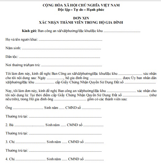 Đơn xin xác nhận thành viên trong hộ gia đình