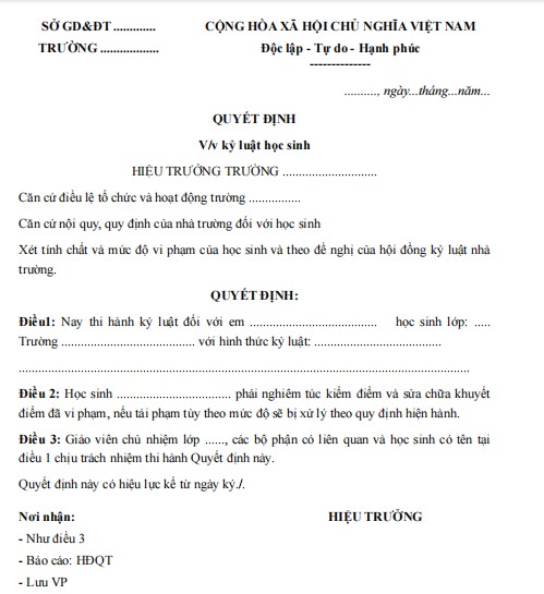 Quyết định kỷ luật học sinh cấp trường