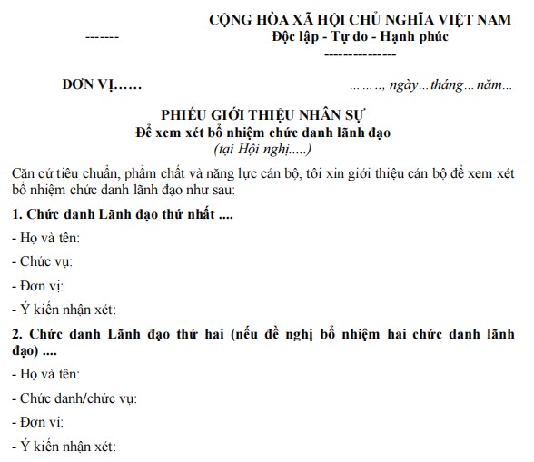 Mẫu phiếu giới thiệu nhân sự