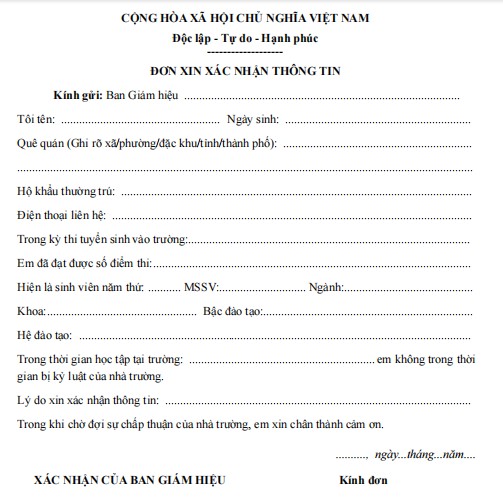 Mẫu đơn xin xác nhận thông tin sinh viên