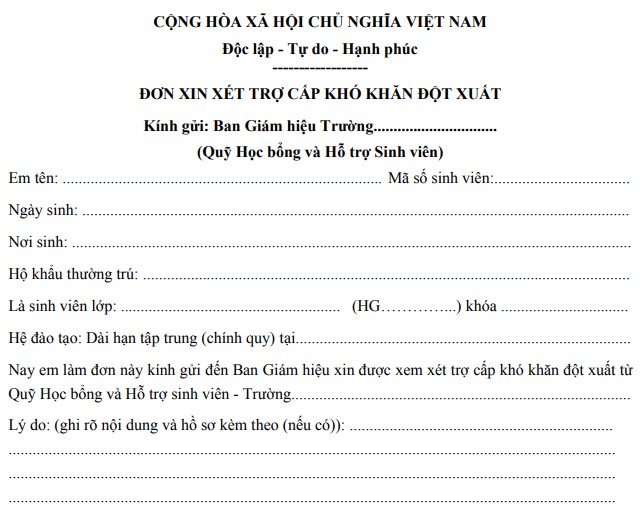 Mẫu đơn xin hỗ trợ khó khăn đột xuất dành cho sinh viên