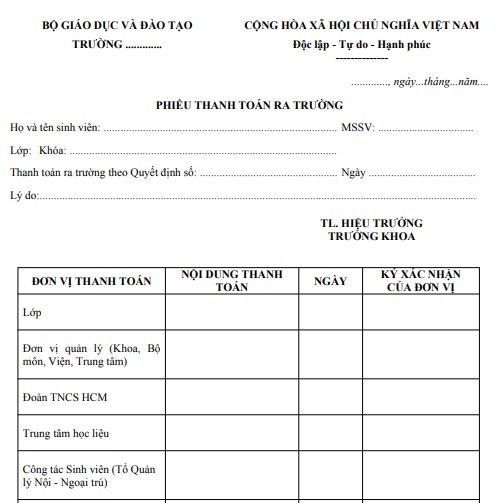 Mẫu phiếu thanh toán ra trường dành cho cá nhân