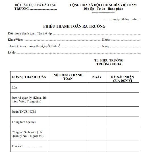 Mẫu phiếu thanh toán ra trường dành cho tập thể