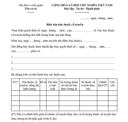 Mẫu biên bản về việc hủy thuốc cổ truyền