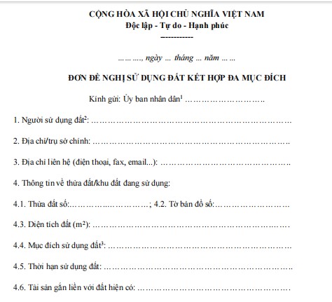 Đơn đề nghị sử dụng đất kết hợp đa mục đích 2024