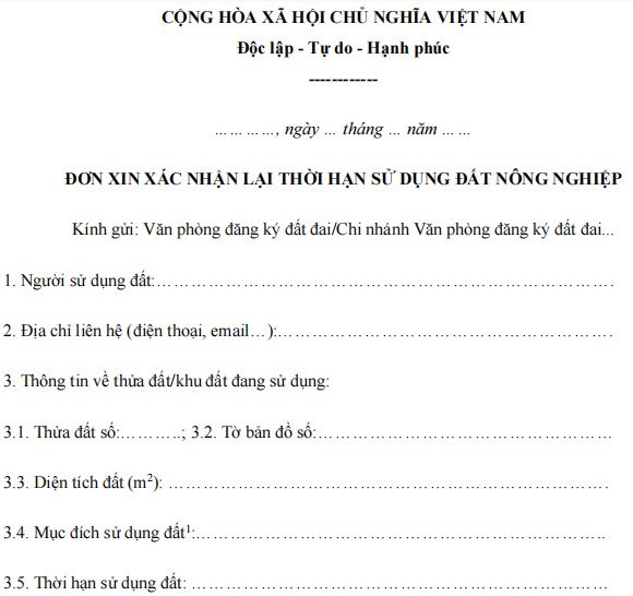 Mẫu đơn xin xác nhận lại thời hạn sử dụng đất nông nghiệp 2024