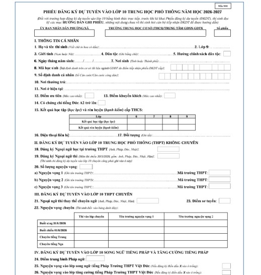 Phiếu đăng ký dự tuyển vào lớp 10 Hà Nội năm học 2025-2026 