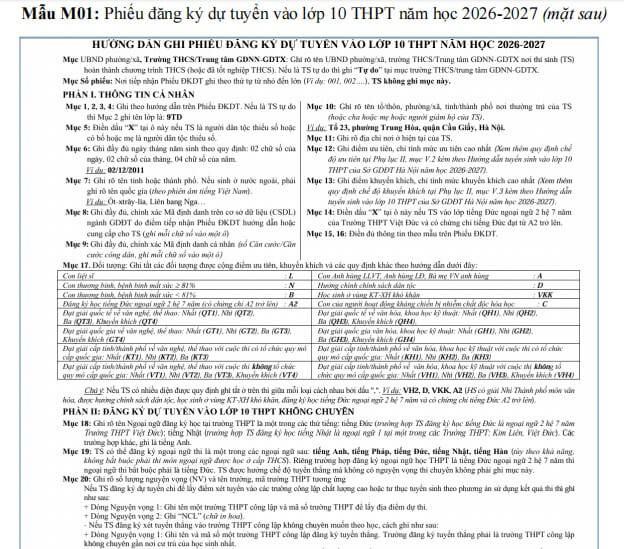 Phiếu đăng ký dự tuyển vào lớp 10 Hà Nội năm học 2025-2026 