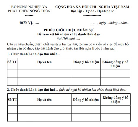 Mẫu phiếu giới thiệu nhân sự để xem xét bổ nhiệm chức danh lãnh đạo