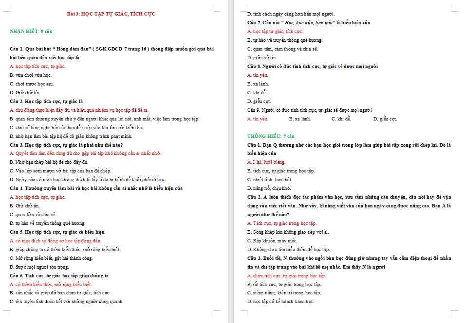 Bài tập Giáo dục công dân 7 Bài 3