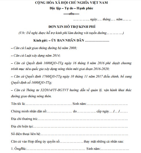 Mẫu đơn xin hỗ trợ kinh phí làm đường giao thông nông thôn