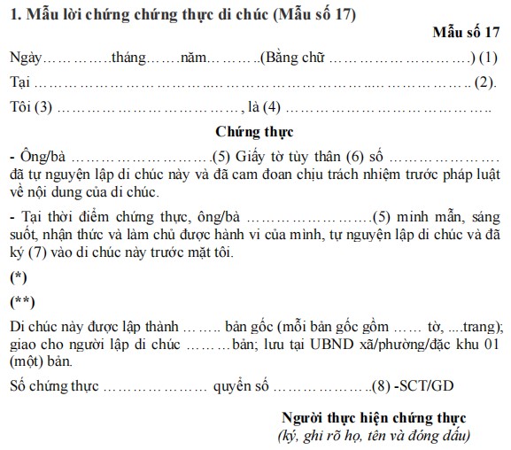 Mẫu lời chứng chứng thực di chúc