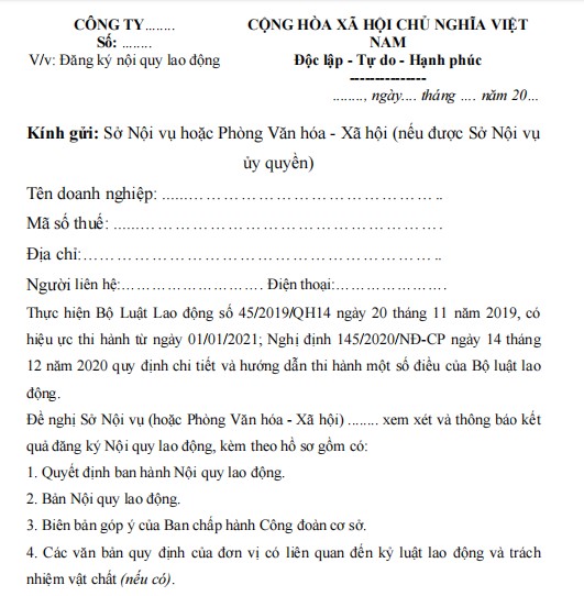 Văn bản đề nghị đăng ký nội quy lao động