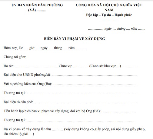 Mẫu biên bản vi phạm về xây dựng