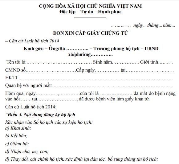 Mẫu đơn xin cấp giấy chứng tử