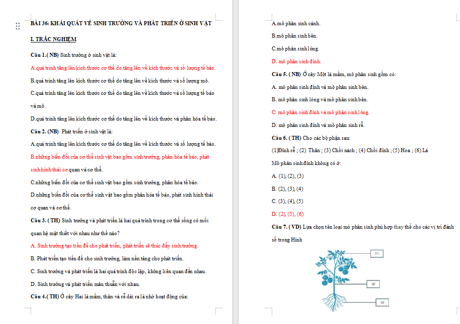 Trắc nghiệm Khoa học tự nhiên 7 Bài 36