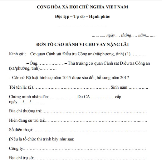 Mẫu đơn tố cáo tội cho vay nặng lãi