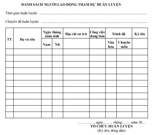 Mẫu danh sách người lao động tham gia huấn luyện