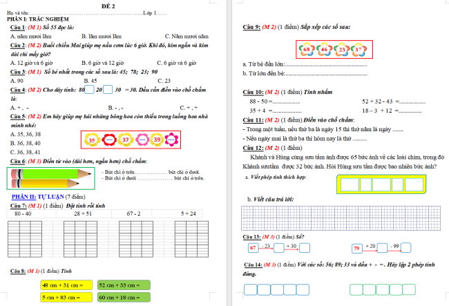 Đề ôn thi học kì 2 môn Toán lớp 1 Chân trời sáng tạo