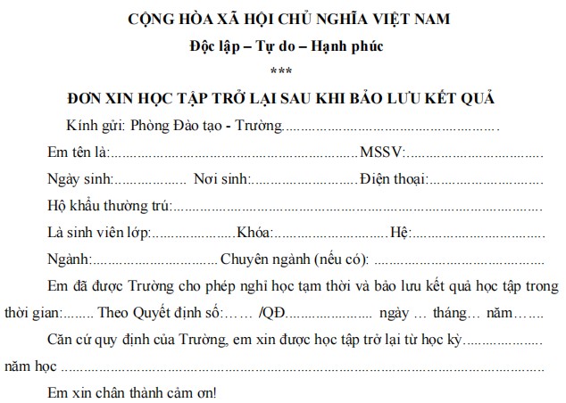 Đơn xin học tập trở lại sau khi bảo lưu