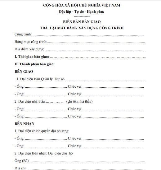 Mẫu biên bản bàn giao trả lại mặt bằng xây dựng công trình