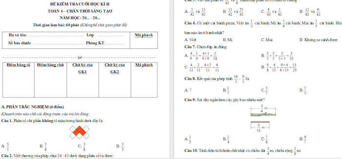 Đề thi học kì 2 Toán 4 Chân trời sáng tạo