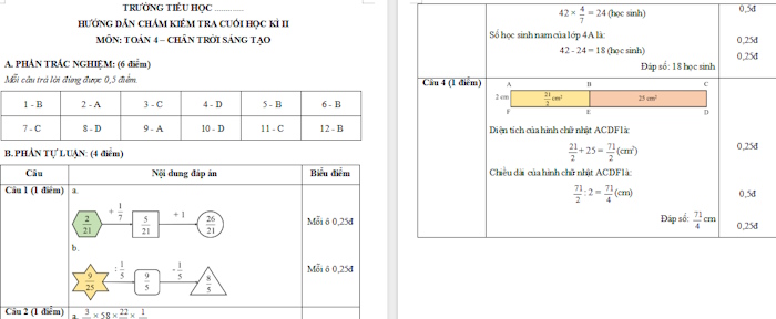 Đáp án đề thi học kì 2 Toán 4 Chân trời sáng tạo