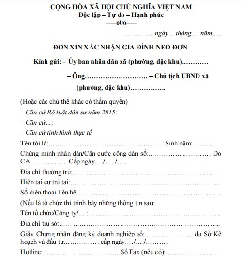 Mẫu đơn xin xác nhận gia đình neo đơn