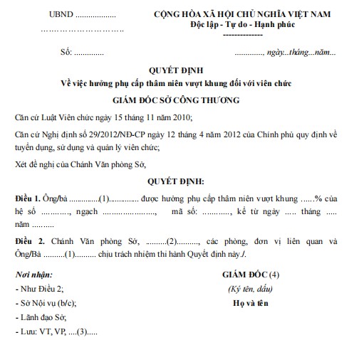 Mẫu quyết định về việc hưởng phụ cấp thâm niên vượt khung đối với viên chức