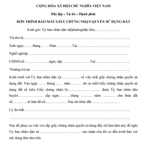 Đơn trình báo mất giấy chứng nhận quyền sử dụng đất 