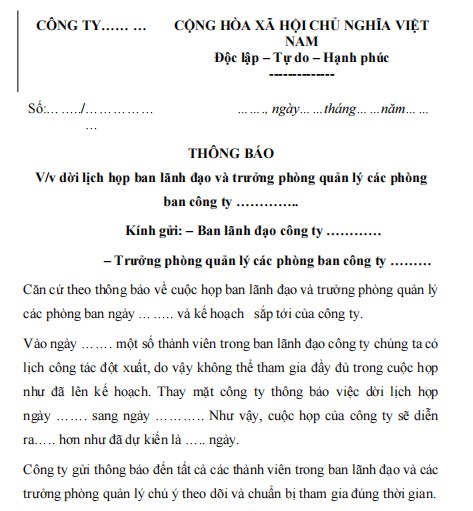 Mẫu thông báo dời lịch họp