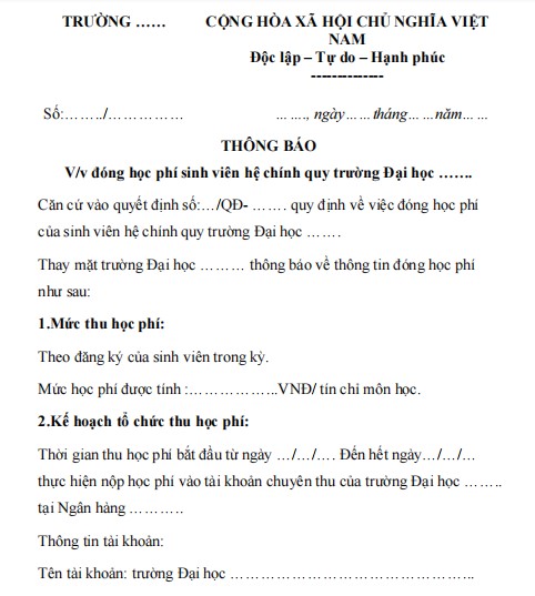 Mẫu thông báo đóng học phí sinh viên hệ chính quy