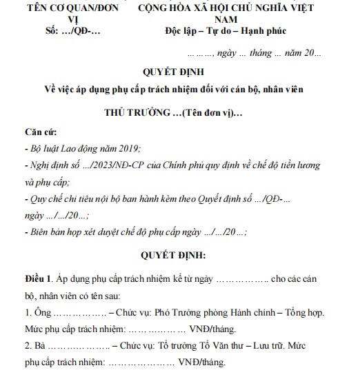 Mẫu quyết định áp dụng phụ cấp